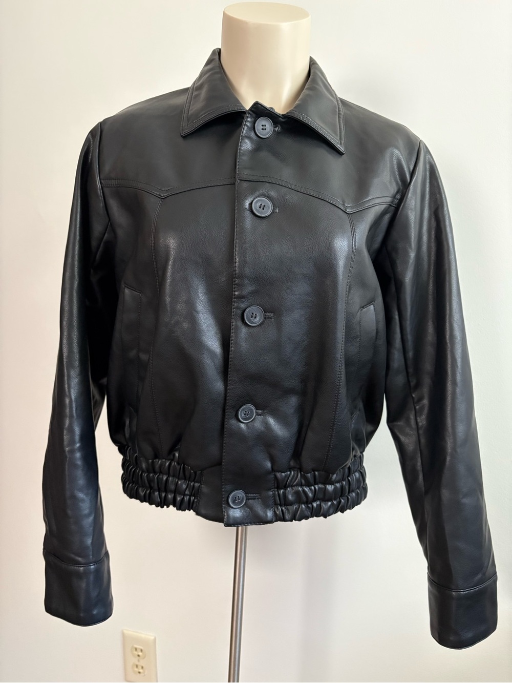 Moussy Western Faux Leather Blouson Jacket Black Crop Bomber Free Size